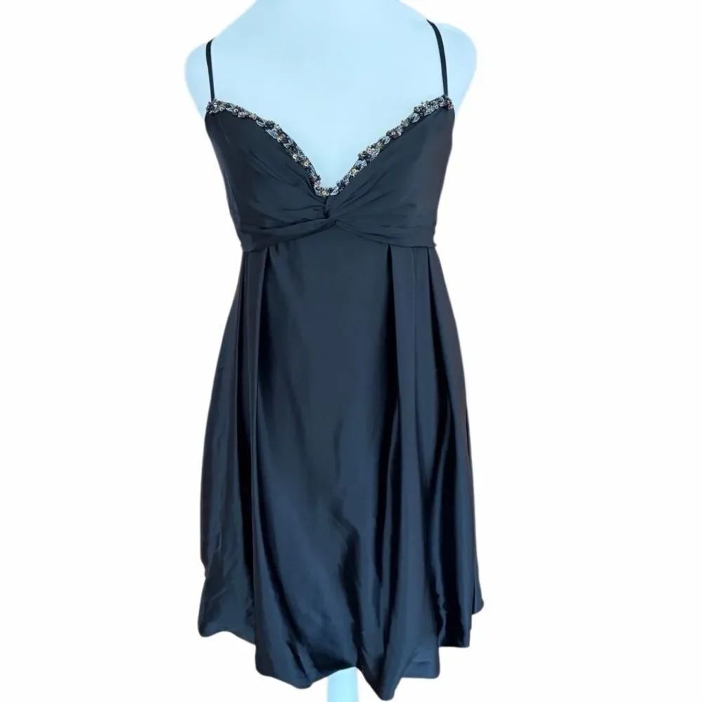 Maria Bianca Nero black silk blend dress w/embroidery, bead & sequin bodice trim